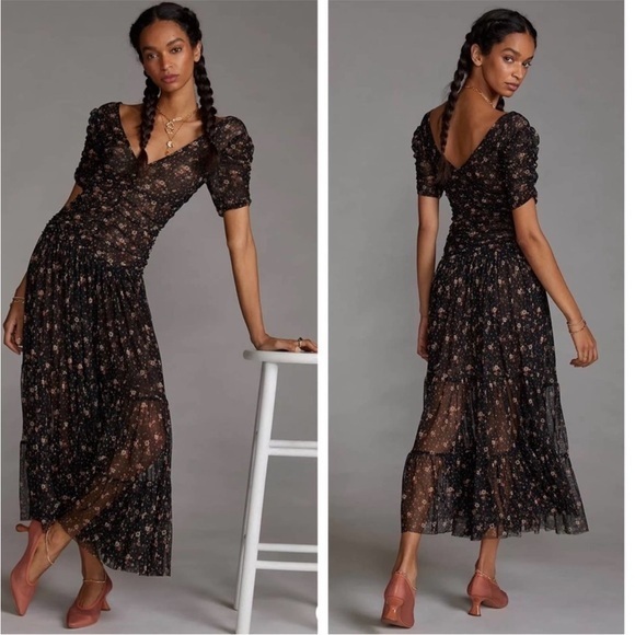 Misa Los Angeles Dress Rebecca Ruched Midi in Autumn Ditsy Mesh Black